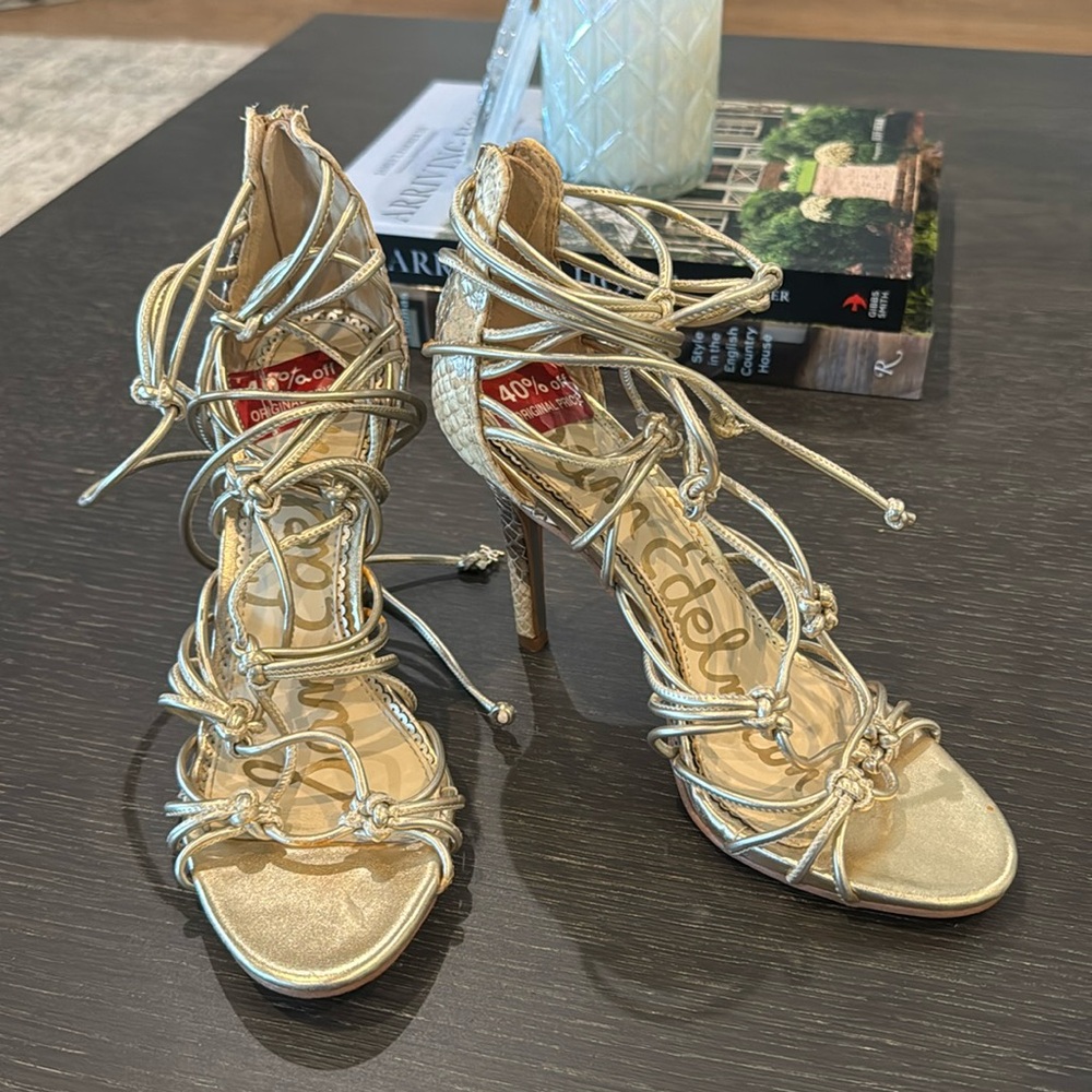 SAM EDELMAN gold neutral, snake print, STRAPPY heeled sandals size 6 EUC
